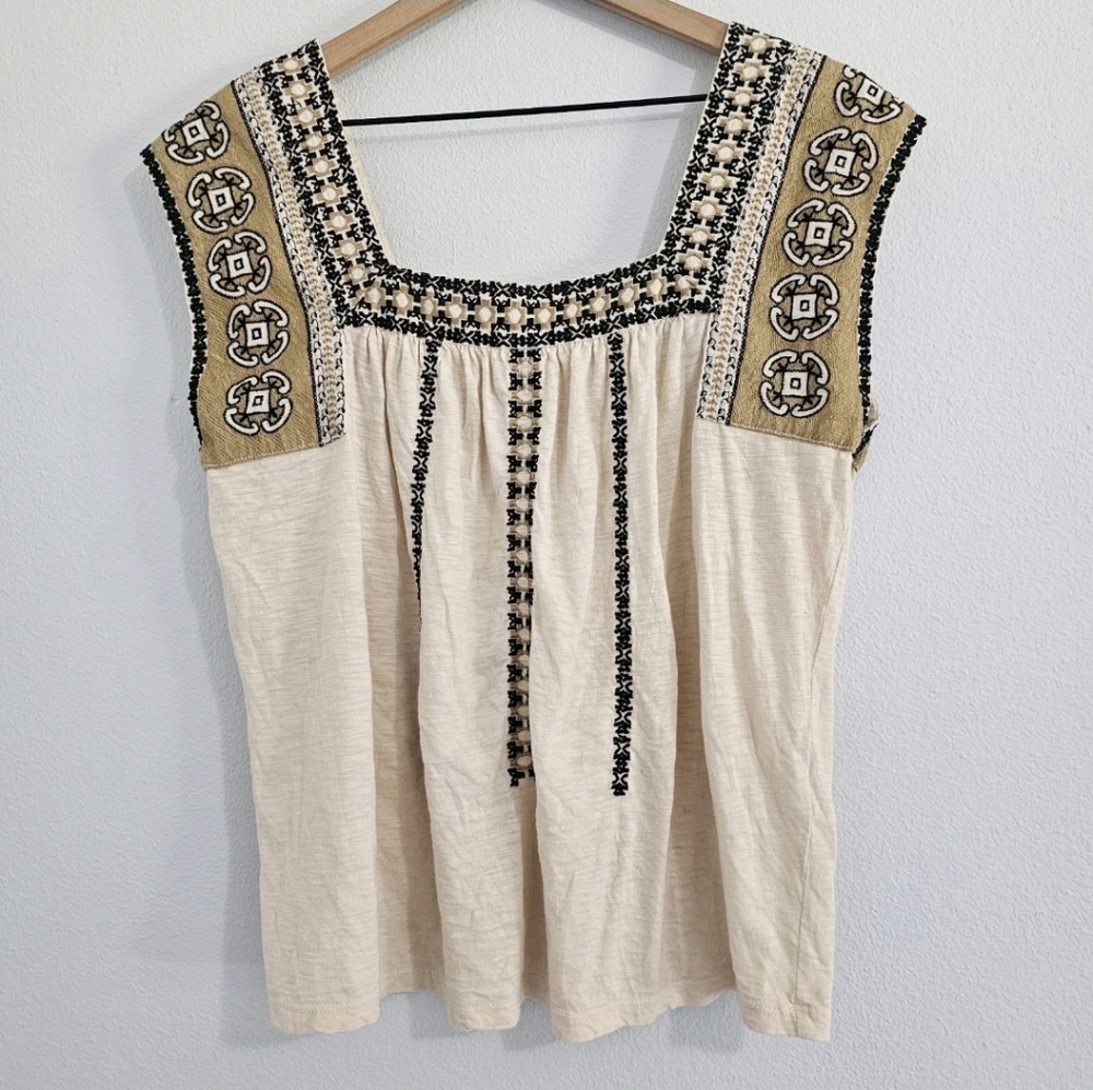 Lucky Brand Cream Boho Embroidered Square Neck Blouse with Mustard Accents